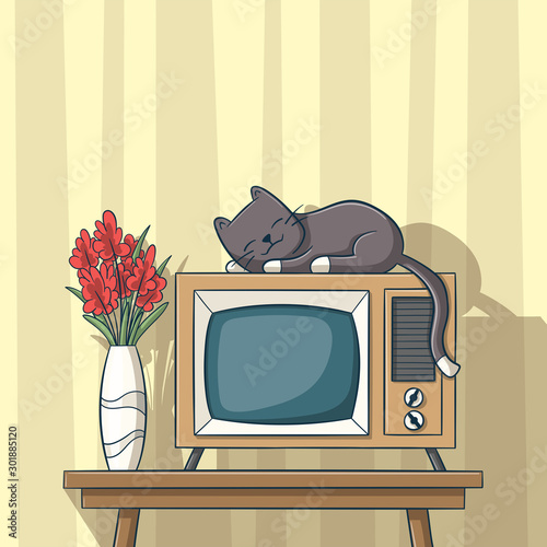 Cat sleeps on an old tv. Boy and girl playing. Hand drawn vector illustration with separate layers.