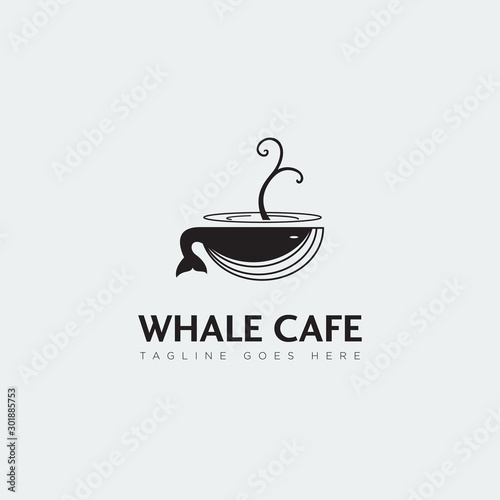 unique logo whale cafe, with orca like mug coffee vector