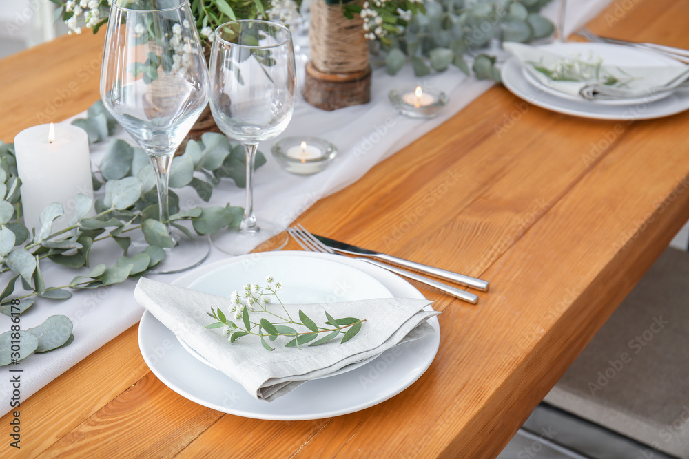 Fototapeta premium Beautiful table setting for wedding celebration in restaurant
