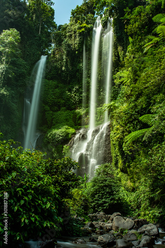 Twin waterfalls crashing  down the cliff in lush tropical jungle vegetation