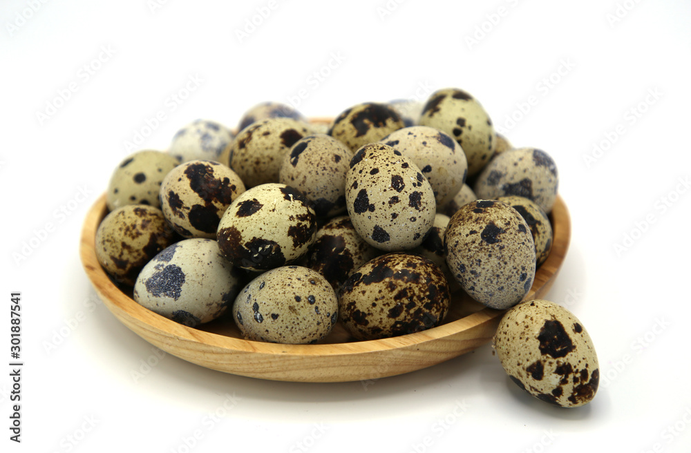 fresh eggs quail in Wooden plate on white background fresh eggs quail in Wooden plate on white background