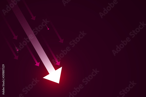 Light down arrow on dark red background, economic crisis concept, copy space composition.