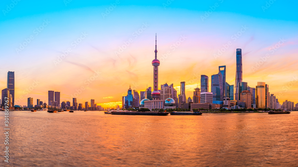 Sunset architectural landscape and skyline in Shanghai