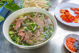 Bowl of delicious Vietnamese beef pho noodles soup 