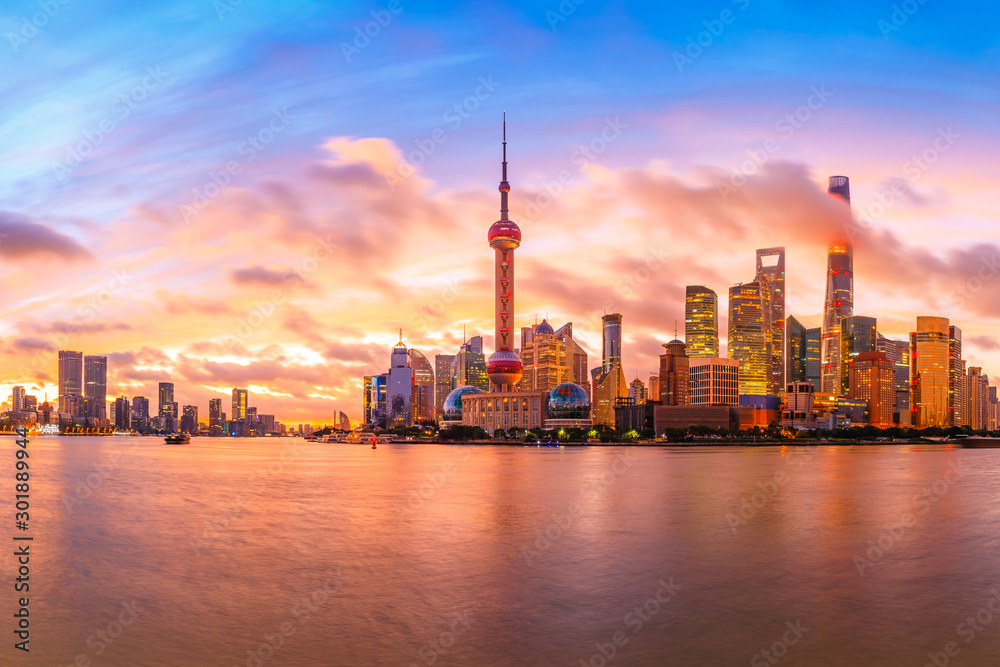 Sunset architectural landscape and skyline in Shanghai