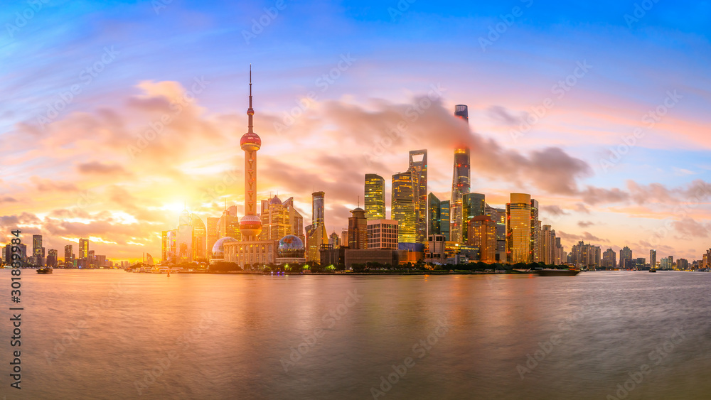 Sunset architectural landscape and skyline in Shanghai