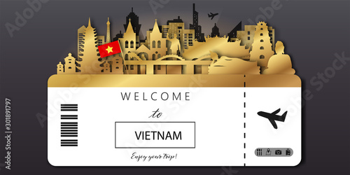 Vietnam with Gold Travel postcard, poster, tour advertising of world famous landmarks in paper cut style. Vectors illustrations