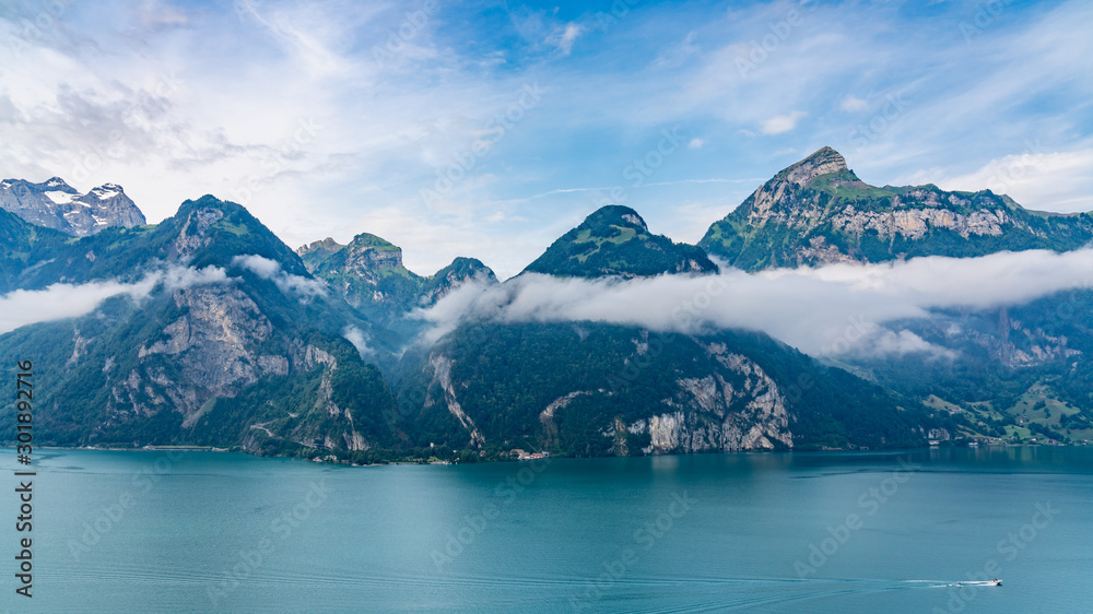 Switzerland, Panoramic view on green Swiss Alps near Bauen, Isleten.