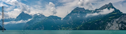 Switzerland, Panoramic view on green Swiss Alps near Isleten