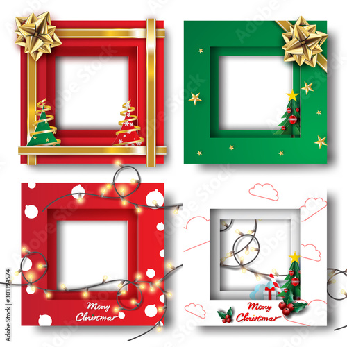 Merry Christmas and Happy new year border frame photo design set on transparency background.Creative origami paper cut and craft style.Holiday decoration gift card.Winter season vector illustration