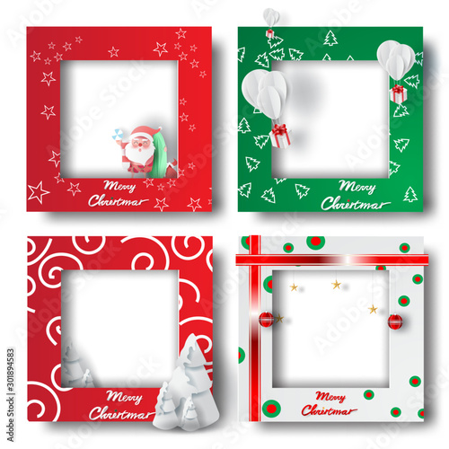 Summer Merry Christmas and Happy new year border frame photo design set on transparency background.Creative origami paper cut and craft style.Holiday gift card.Winter Postcard vector illustration