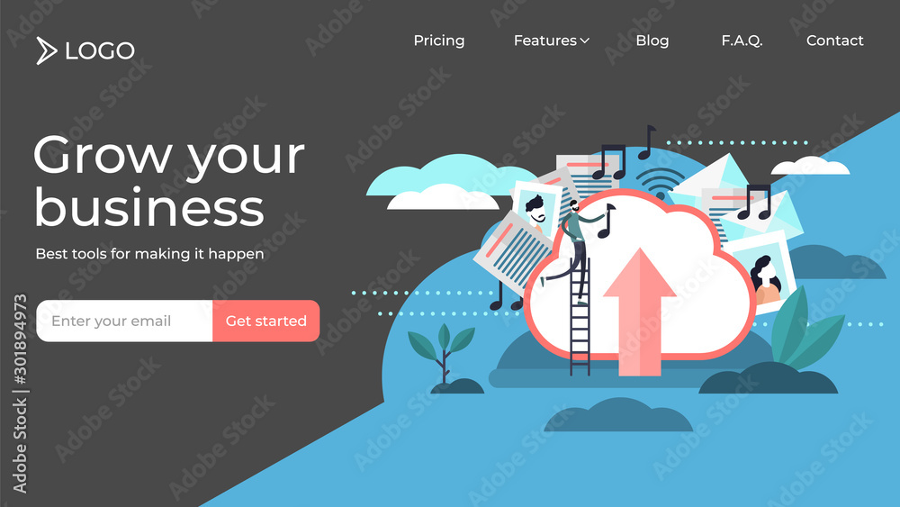 Cloud storage tiny persons vector illustration landing page template design
