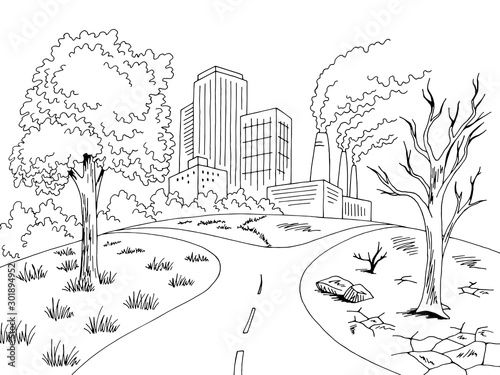 Global warming dry landscape graphic black white city ecology problem sketch illustration vector