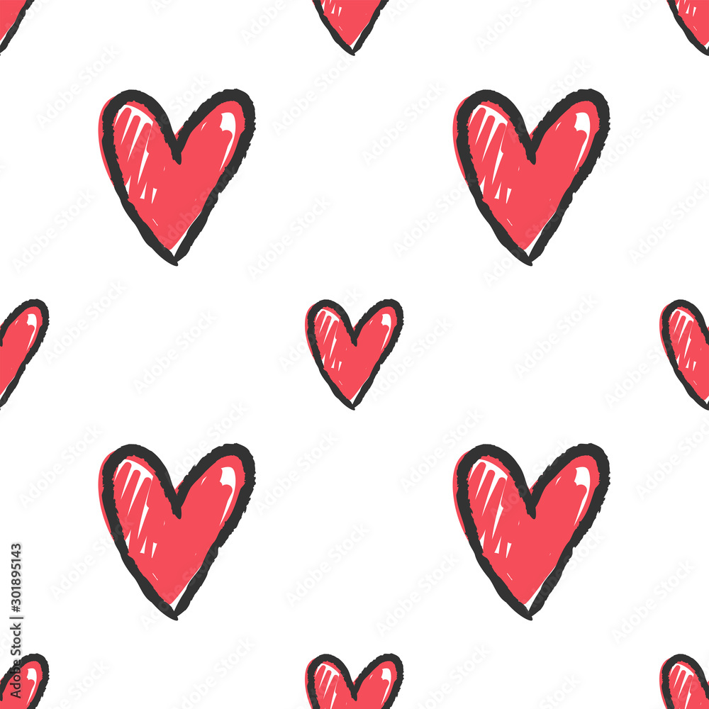 Heart doodles seamless pattern. Hand drawn love texture background.