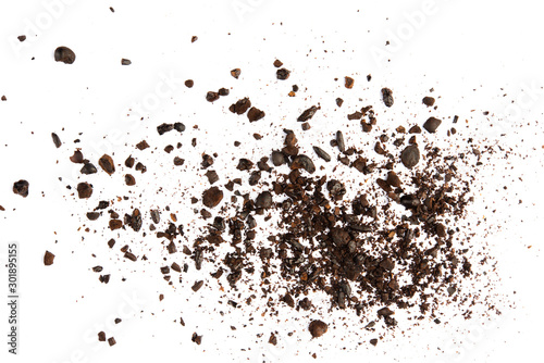 Dark ground coffee bean crushed craked broken isolated on white background top view photo object design