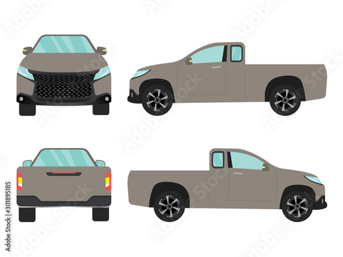 Set of gray pick up truck car view on white background,illustration vector,Side, front, back