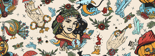 Halloween seamless pattern. Old school tattoo. Dark gothic fairy tale background. Traditional tattooing style. Witch woman, gypsy, crystal ball, Jack O' Lantern, occult hands and black cats