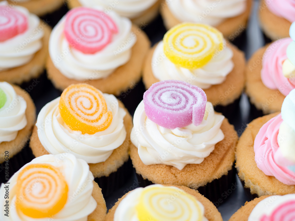 Group of cupcakes on tray. Group of cupcakes on tray.