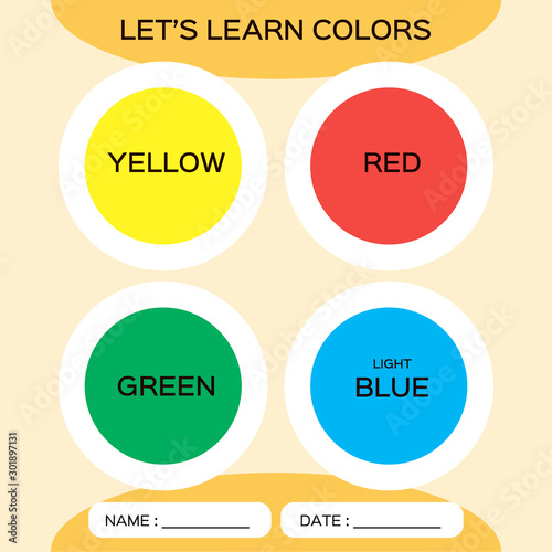 Learning circle shapes with color for kids education. Yellow, red, green, blue. Special for preschool kids. Activity Worksheet. Orange background.
