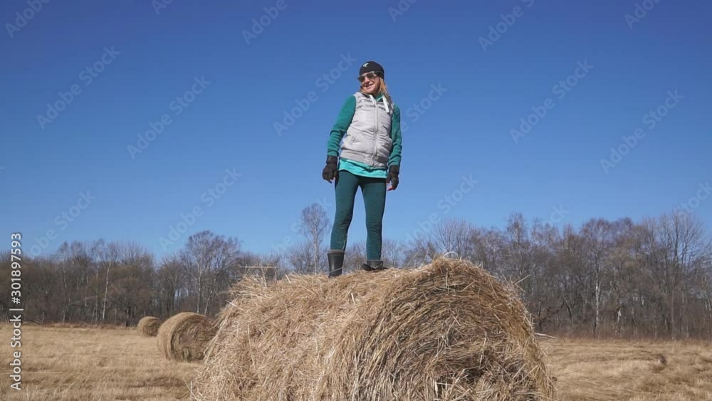 A girl plays with her two dogs. Two large dogs take turns jumping on a high haystack and having fun with their owner. Russia, Vladivostok A girl plays with her two dogs. Two large dogs take turns jumping on a high haystack and having fun with their owner. Russia, Vladivostok