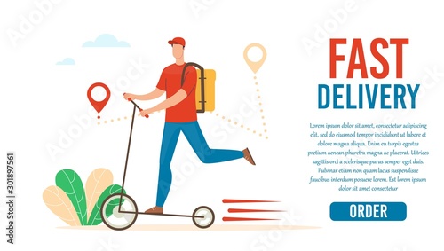 Fast Delivery Service  Logistics Company Trendy Flat Vector Web Banner  Landing Page Template. Deliveryman  Male Courier with Backpack on Back Riding Scooter  Delivering Clients Order Illustration