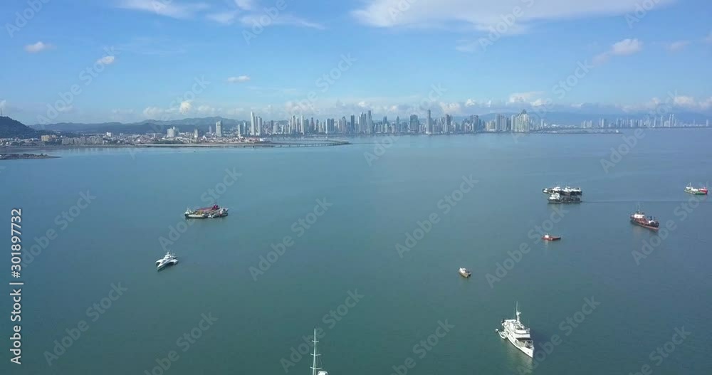 Drone shot of the Panamanian causeway Amador overlooking the city skyline
