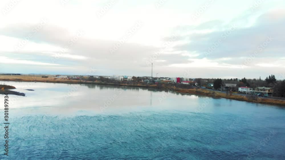 Drone Dolly Shot of the Olfusa River Bank, Selfoss, Iceland. Drone Dolly Shot of the Olfusa River Bank, Selfoss, Iceland.