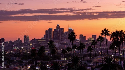 Downtown Los Angeles, California and Palm Trees at Sunset With Panning