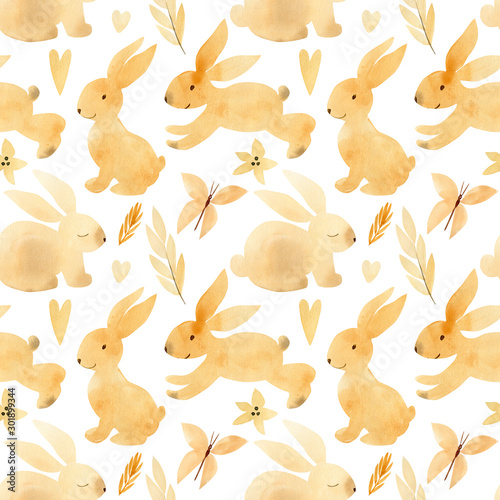 Easter watercolor, seamless pattern on a white background, flowers, leaves, butterflies, bunnies