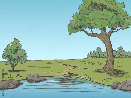 Park lake tree graphic color landscape sketch illustration vector