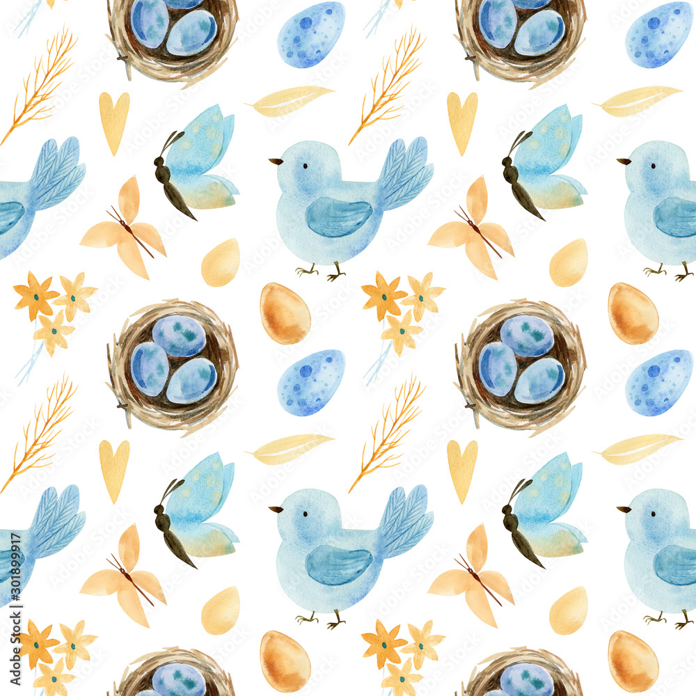 Easter watercolor, seamless pattern on a white background, birds, flowers, leaves, butterflies, nest, eggs