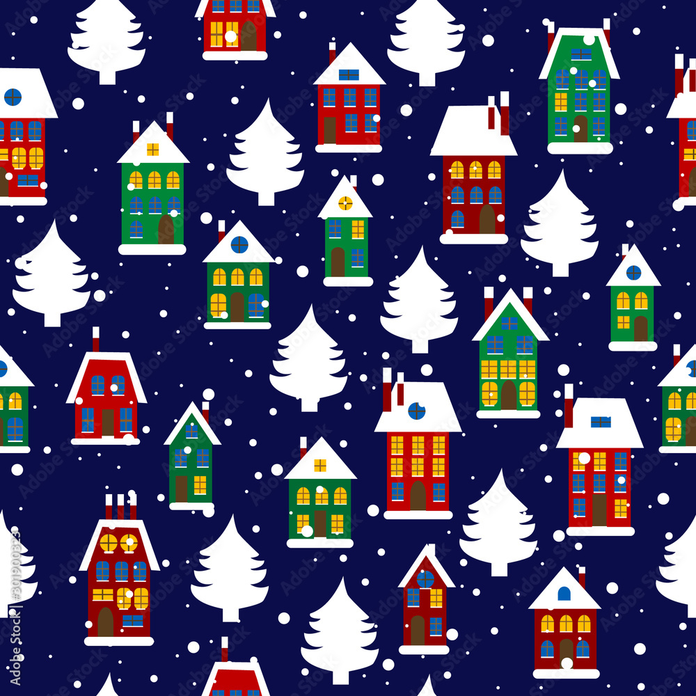 Winter Rural seamless pattern with houses and Christmas trees