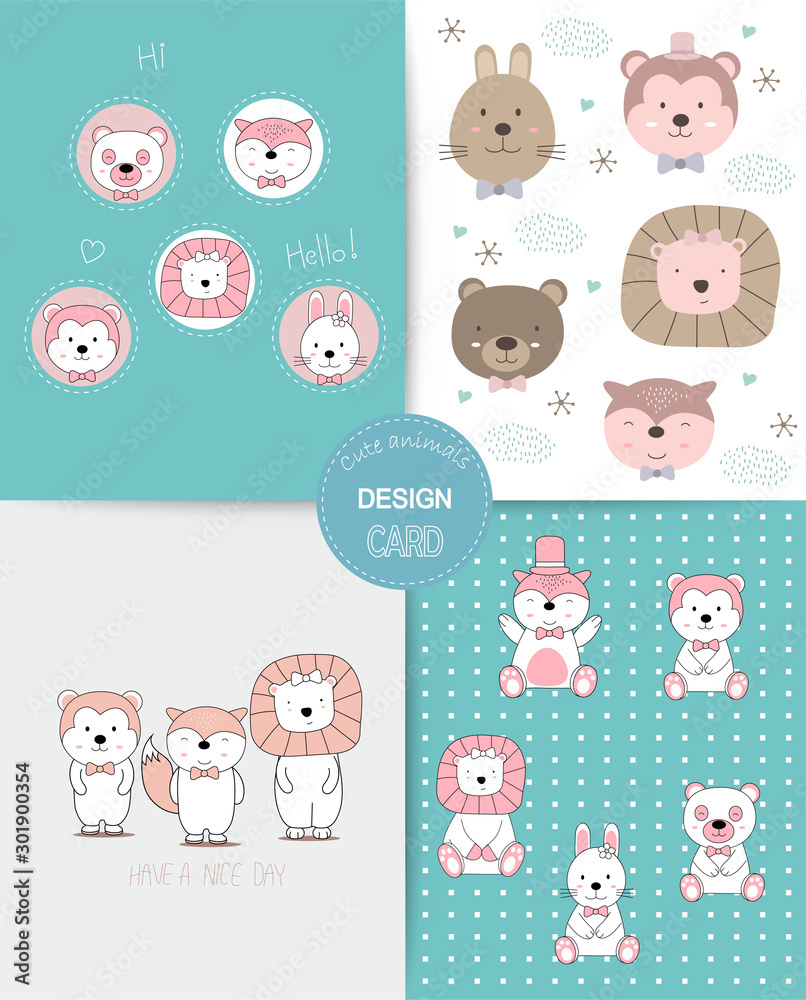Hand drawn style. Cute animal cartoon colorful doodle animals seamless pattern Hand drawn style. Cute animal cartoon colorful doodle animals seamless pattern