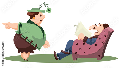 Wife scolds lazy husband.