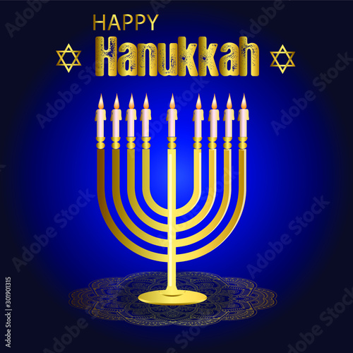 Happy Hanukkah lettering greeting card. Festive poster print typographical inscription. Vector vintage illustration.