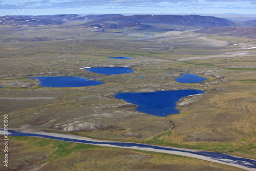 Tundra landscape in summer, Taymyr peninsula, aerial view