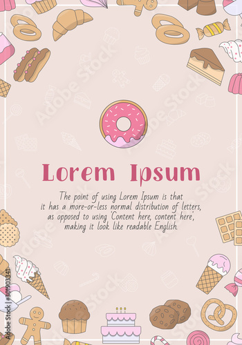 Candy card with text and vector color illustrations of sweet food for graphic design