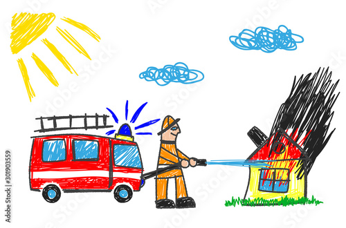 Fire Engine A child draws a fire engine. Firefighter puts out a burning house. Vector illustration.