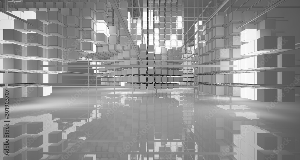 Abstract architectural white interior of  cubes with neon lighting. Drawing. 3D illustration and rendering.