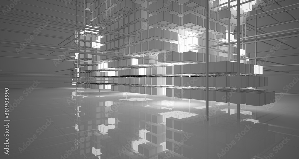 Abstract architectural white interior of  cubes with neon lighting. Drawing. 3D illustration and rendering.