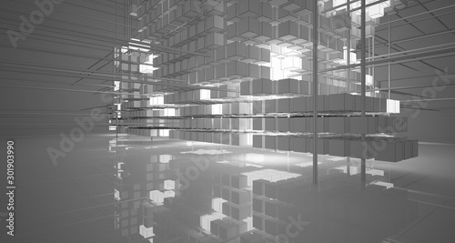 Abstract architectural white interior of cubes with neon lighting. Drawing. 3D illustration and rendering.