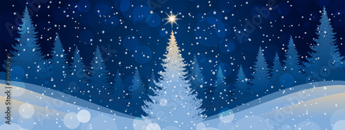 Modern winter background with night forest, New Year tree, star and falling snow. Festive banner for the New Year and Christmas with a place for text. Stock vector illustration.