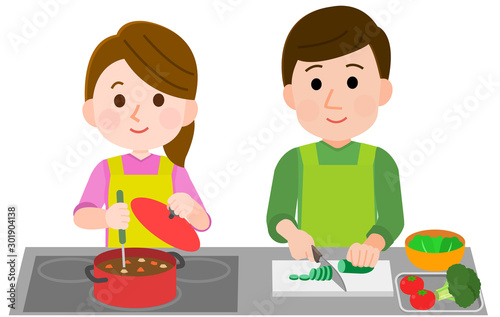 並んで料理をする男女　イラスト