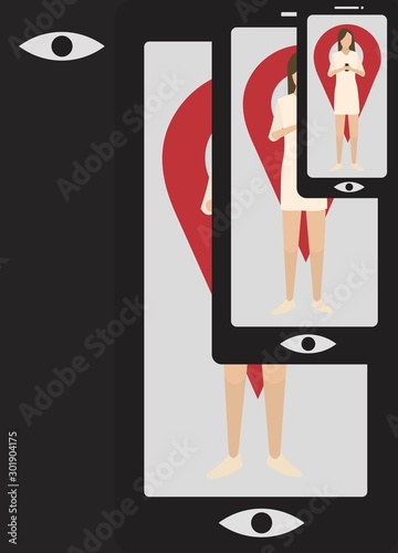 cyber stalking concept, check in at mobile location, stalker eye stare