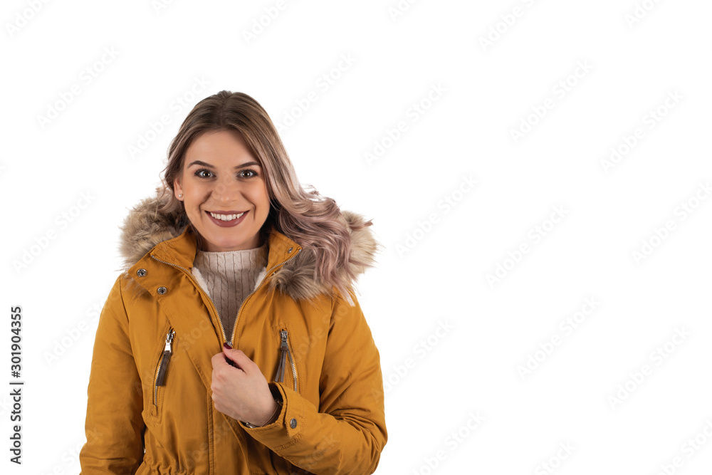 Charming woman with mustard jacket Charming woman with mustard jacket