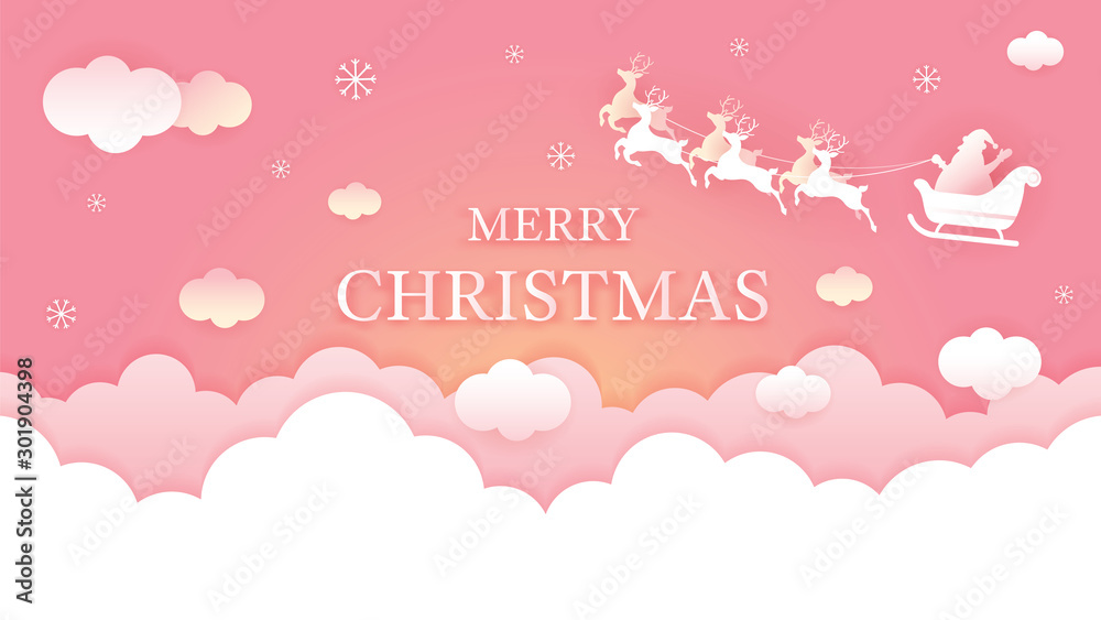 Santa Claus Riding Sleigh over Cloud Background, Paper Cutting, Origami Style, Merry Christmas and Happy New Year