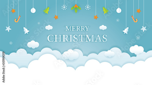 Christmas Cloud Background with Hanging Decorations, Paper Cutting, Origami Style, Merry Christmas and Happy New Year