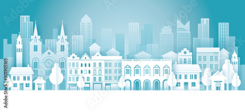 City in Winter Background, Paper Cutting, Origami Style