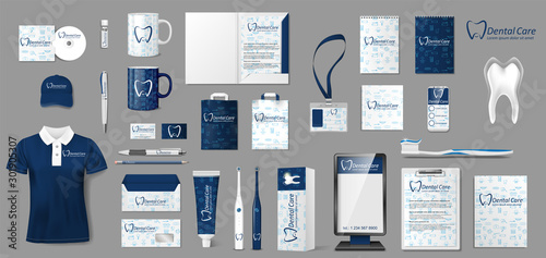 Corporate Stomatology dentist center Branding identity template design. Stationery mockup for Dental Clinic. Tooth template for your brand. Vector illustration