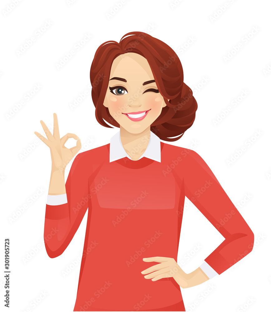 Casual business woman gesturing ok sign isolated vector illustration